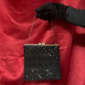 Lord & Taylor Black Glittery Bead-embroidered Evening Bag